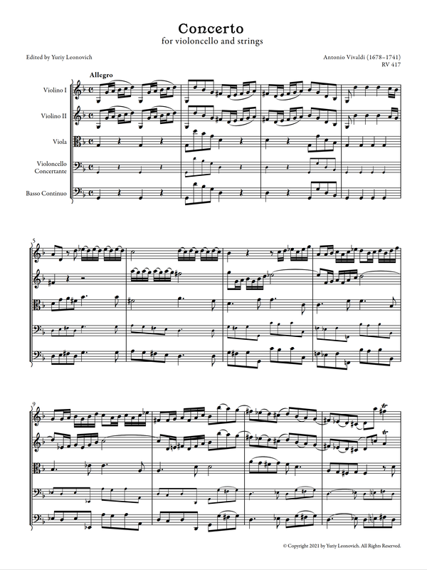 Vivaldi - Cello Concerto in G minor, RV 417 (Urtext Edition)