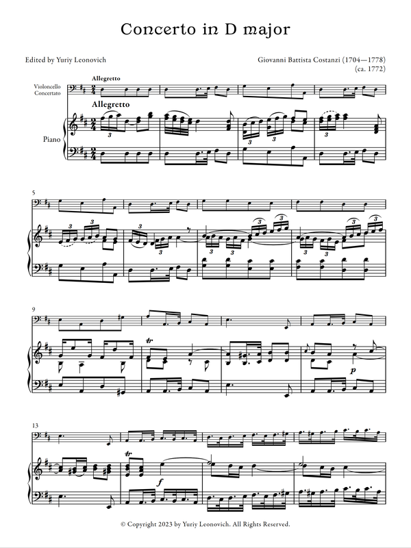 Costanzi - Cello Concerto in D major (Urtext Edition, Keyboard Reduction)