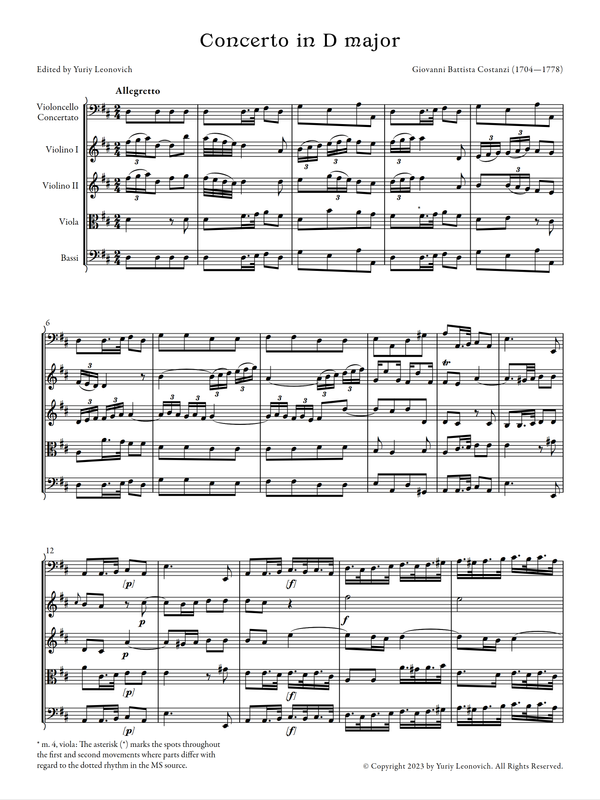 Costanzi - Cello Concerto in D major (Urtext Edition, Orchestra Score/Parts)