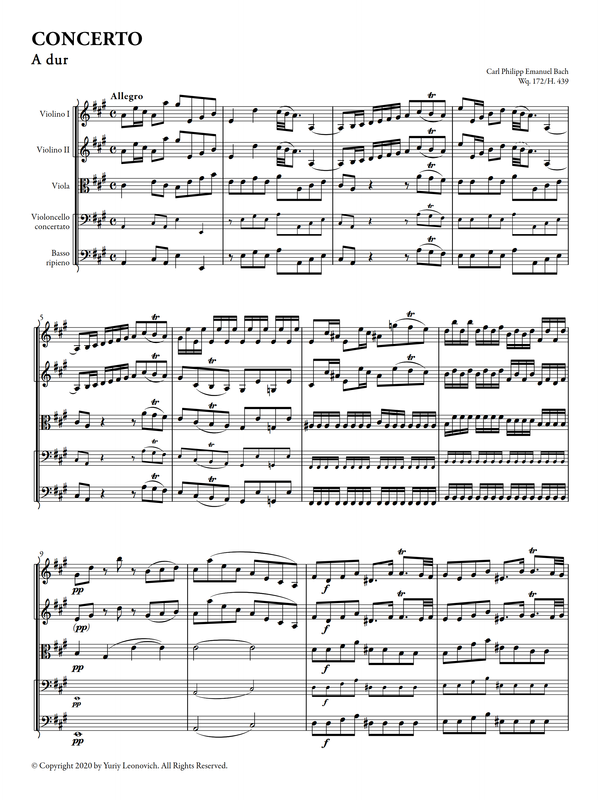 C.P.E. Bach - Cello Concerto in A major Urtext (Score and Parts) - Yuriy  Leonovich