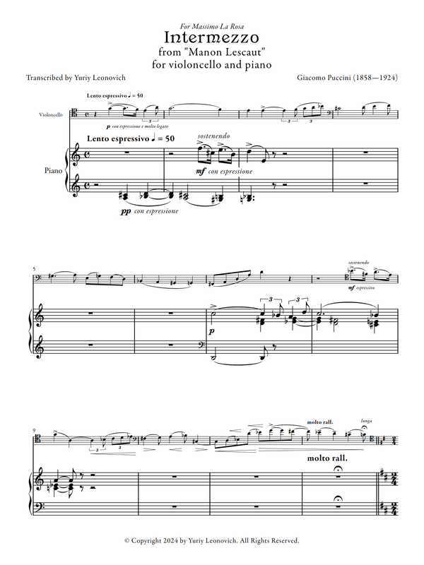 Puccini - Intermezzo from Manon Lescaut (Transcribed for Cello and Piano)