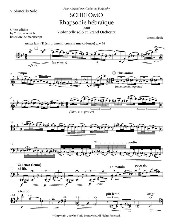 Bloch - Schelomo  (Urtext - Cello Solo part only) - No markings