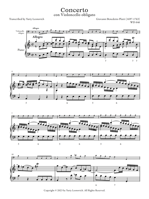 Platti - Cello Concerto in C major, WD 646 (Urtext Edition, Piano Reduction)
