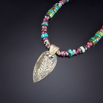 Leafy Blade - original art work in fine silver with turquoise and spiney oyster. McKenzie's Jewelry by Nancy Koehler. SOLD
