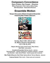 Aaron Alter's "Who, if not You" for Mixed Chamber Ensemble will be premiered in New York at the Composers Concordance "Dance Motion" Concert