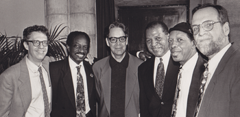 Dr. Henry Martin, Reggie Workman, Unknown, James Jordan, Ornette Coleman, Chuck Iwanusa - The New School
photo © Jerry Speier
