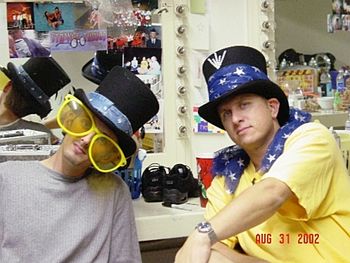Six Flags 2002, we couldn't resist the props in the dressing room. Kevin and Elton Justin.
