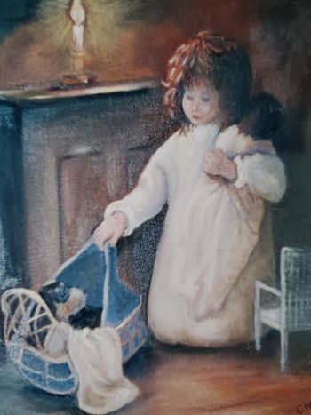 Little Girl with Doll and PuppyOil16" x 20"
