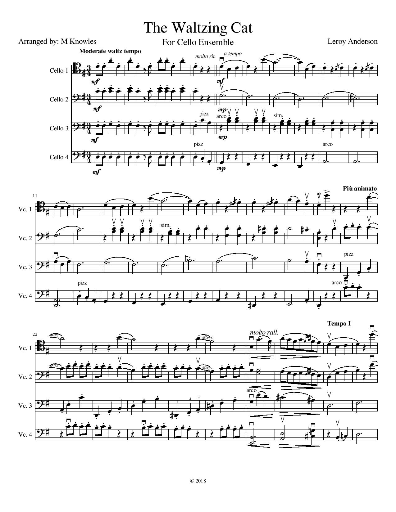 The Waltzing Cat - For Cello Quartet - Michael Knowles