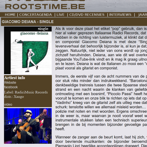 Recensione del disco Single di Giacomo Deiana in olandese di Dani Heyvaert per il magazine online Rootstime.be del luglio 2020