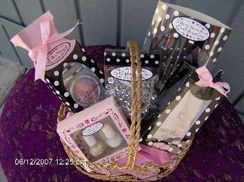 makeup, nail and cell phone accessories in a gold metal basket $ 20
