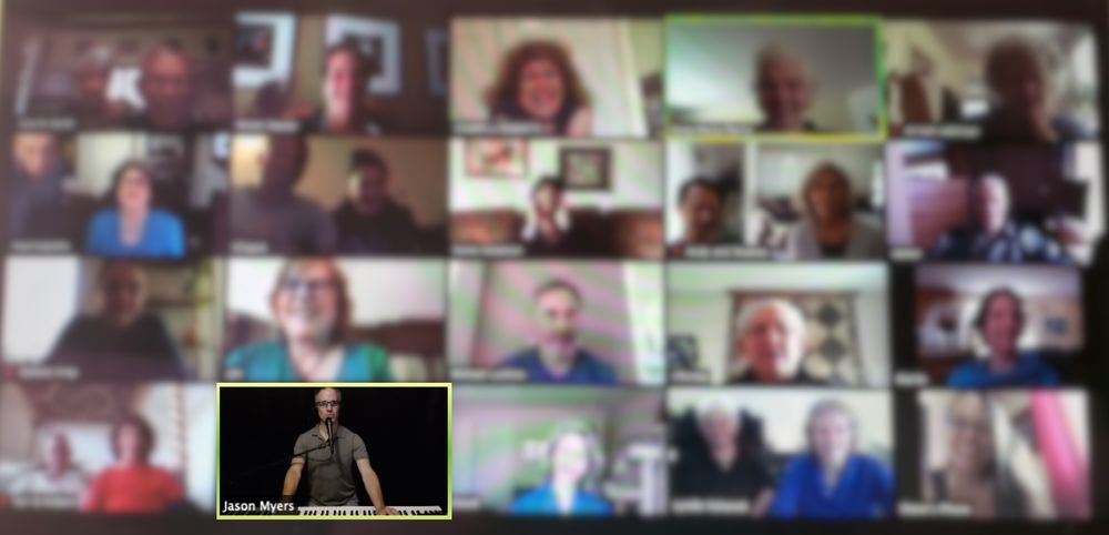 (Screen shot from an online party including guests from California, New York, and Spain! Guest images blurred for privacy.)