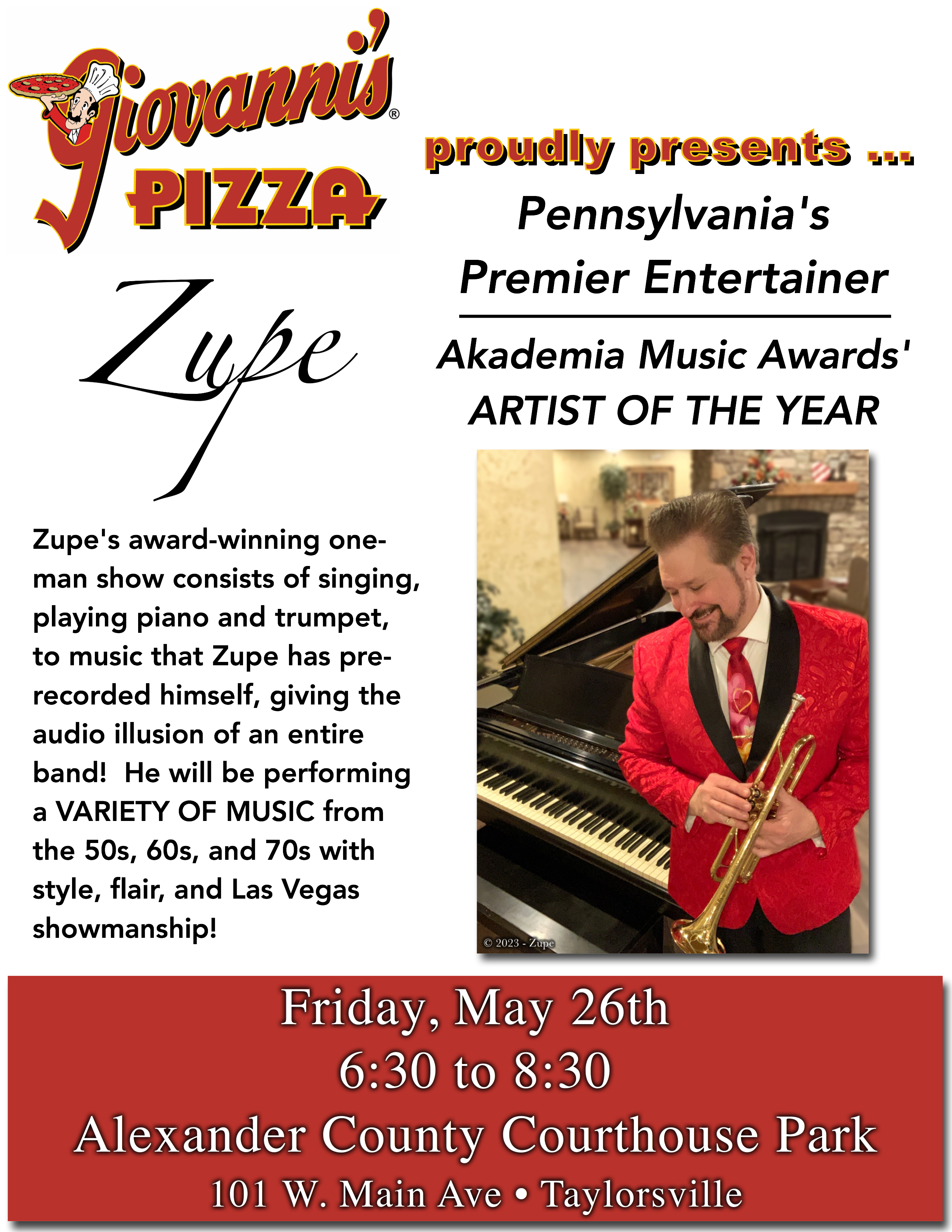 Zupe in Concert! Taylorsville, NC @ Alexander County Courthouse Park - May  26, 2023, 6:30PM