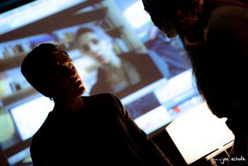 THE HAMLET RAVE (John Hardin as Laertes and Dr. Bella Mirabella in video commentary). photo by Joe Schulz
