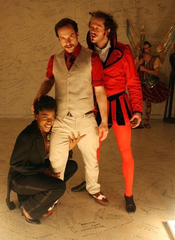 Christopher Cartmill's production of Lope de Vega's ACTING IS BELIEVING (LO FINGIDO VERDADERO) — C Set by Zach Sitrin, lights by Vici Chirumbolo and costumes by Mary Kutch. Pictured Adrian Kiser as Rosarda, Adam Hardin as the Emperor Carinus and Sam Urdang as the Devil (photo by Allegra Heart)
