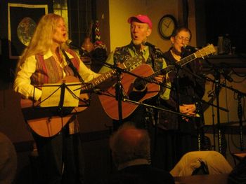 Kristin, Dave Martin, and Margaret Nelson put on a harmony at their Peace Sing at the Two Way Street Coffeehouse, Feb. 2012
