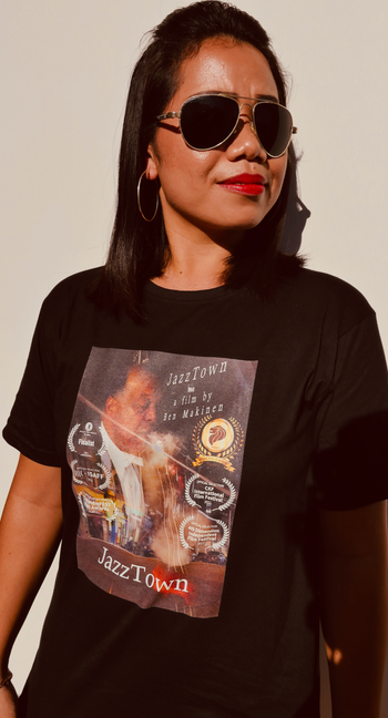 JazzTown T-Shirt avail from Bmakin Film. Model is Dian Marhaeni/President of the Bali Chapter of the IMFA
