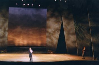 Bodhran Solo on Broadway Terrifying but thrilling - all alone on a Broadway stage with nothing but a bodhran. At the Gershwin Theater, New York City, 2001 (Athena Tergis on right)
