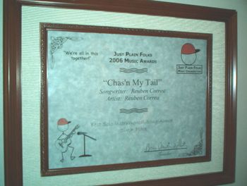 This is the Certificate for 6th place in the JPF 2006 Music Awards that Reuben received in Santa Ana, CA. USA. for Chas'n My Tail from the OUR BEAUTIFUL BABY cd.  Hear the song by clicking the hi / lo
