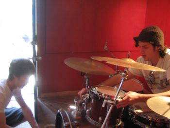Gabe and Mitch setting up the drums for our recording session
