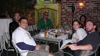 The gang and Connie (in the back) sits for a little seafood appetizers at Langue Doc in Bissegem.
