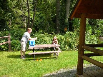 Johnny and Jules at the picnic table at the Franklin/Oneonta KOA.
