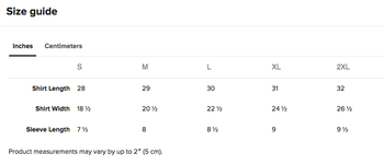 Organic Tee Size Guide Inches
