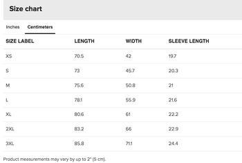 Tee Size Guide Centimeters
