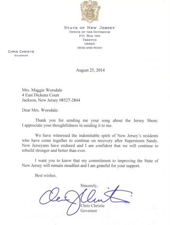 Letter from Chris Christie Sweet Whiskey's JERSEY SHORE song lands on the NJ Governor's desk!
