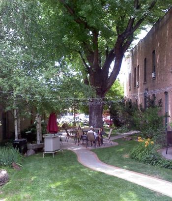 View from the stage in the Courtyard I played in at The Rochester Hotel in Durango, CO 6/27/12. The lawn area was set up with chairs in a concert set-up.
