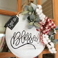 Door Hanger Blessed Welcome Sign Front Door Decor Cotton Balls Buffalo Plaid Bow