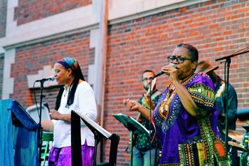 Cheryl Corley and Lucy Smith with Joshua Ramos (bass) at Austin Town Hall - Chicago Soul In Action: A Celebration of the Words and Music of Gwendolyn Brooks and Curtis Mayfield. Photo by Jackson Duncan
