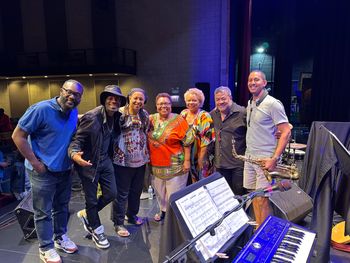 Shout OUT: A Tribute to Gays in Gospel Music at the Beverly Arts Center - June 9 2024. From the left: Ivan Taylor, bass; William Kurk, keys; Cheryl Corley, writer and narrator; Lucy Smith, vocals; Dr. Carla Carter, Executive Director, Beverly Arts Center; Ernie Adams, drums; and Derrick Tate, alto sax. Photo by Martha Irvine
