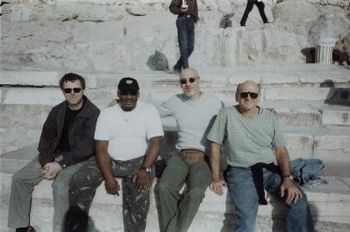 Myself, Lieb, Ralph Peterson, and Greek saxophonist Dimitrious Vassilakis contemplate the ages at th
