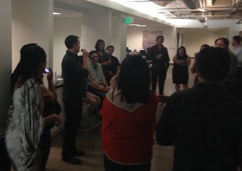 A coworker toasts the happy couple who will be married in Las Vegas
