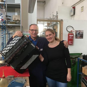 With Adriano Clementi, at the Pigini Accordion Factory, 2020.
