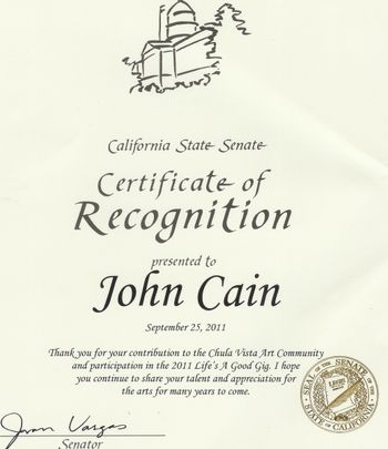 California State Senate Appreciation Certificate for Life's A Good Gig
