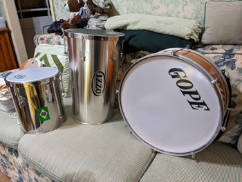 3 Beautiful Brazilian Drums I added to my arsenal of instruments L to R Repique de Mao, Rebolo, Zabumba
