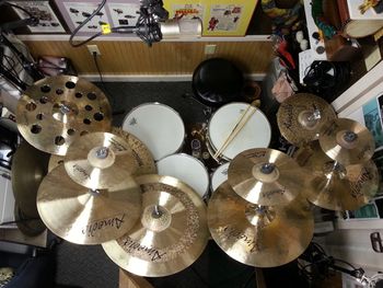 Me and my Amedia Cymbals A Birdseye view of my studio kit with my family of incredibly musical and dynamic Amedia Cymbals.  Very honored to be an endorsee of this amazing cymbal company.  Thank you Mr. Dominick Gagliano
