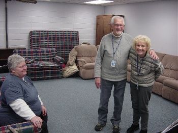 Miss Mary chats with Song-room volunteers - Mr. Frank and Miss Joan:
