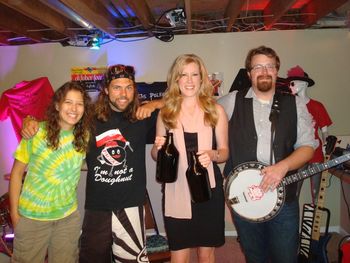 On set of the "Polka Kings" Reality TV Show - Tara in a silly musical scene with Stars of the show: Emily Burke, Jake Kouwe, & Mike Franklin of the Chardon Polka Band
