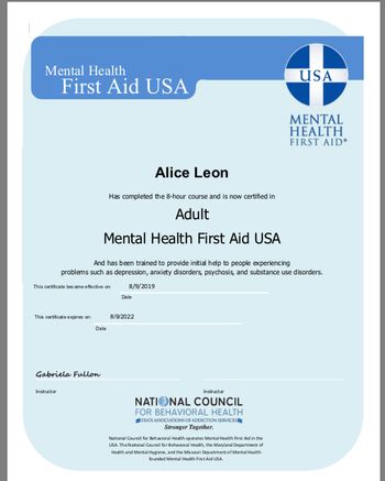 Alice Leon Mental Health First Aid Cert
