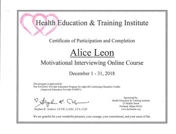 Alice Motivational Interview Certificate
