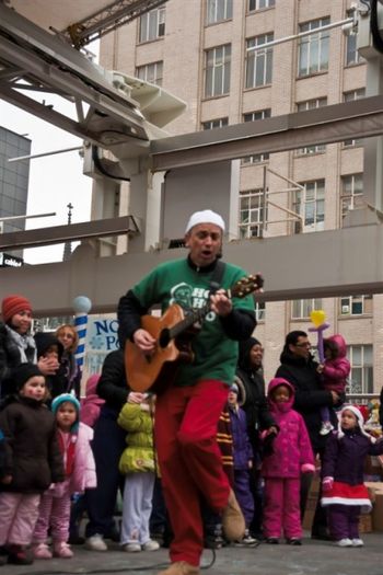 Beebo on stage at Toronto Santa Parade Breakfest
