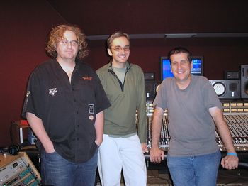 Mixdown time for The Homecoming Pierre, his brother Craig, and mixdown engineer extraordinaire, Dean Baskerville during the mixdown of the Brothers Bidondo CD, The Homecoming, at Dead Aunt Thelma's recording studio in Portland, Oregon.
