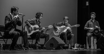 "Quejios" show by Chiara Mangiameli 2. Alfonso Cid, guitarists Diego Alonso and Carlo Basile, and percussionist Bob Garret performing in "Quejios' by Chiara Mangiamely in Chicago, June 1st, 2013. Photo by John Boehm. http://www.jboehmphoto.com/
