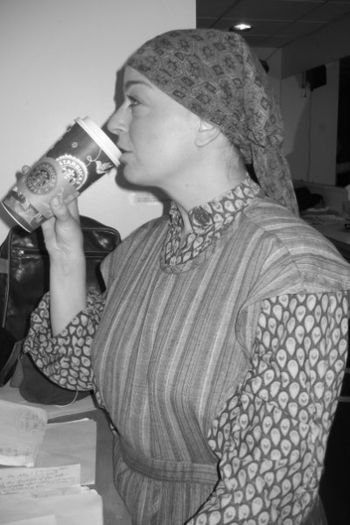 Backstage at the Off-B'way show, "Gimpel Tam," drinking an Old-Country Starbucks!
