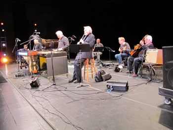 The_Band_60_Years_Sound_Check_4-2-14 L-R: Marc Seales, Emil Richards, Tom C, Bill Smith, Moyes Lucas, Dan Dean, Larry Coryell @ "60 Years Behind Bars" concert 4/2/14
