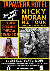 Live music at Hotel Tapawera with Nicky Moran on 2023 NZ tour