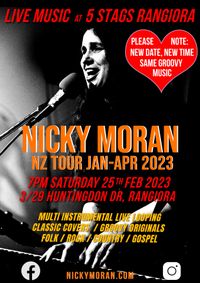 NEW DATE & TIME: Live music at Rangiora 5 Stags with Nicky Moran